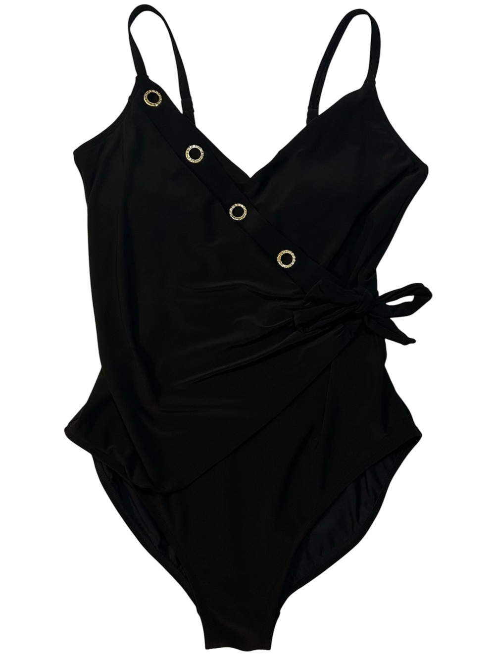 NEW Beyond Control Black One Piece Swimsuit Grommet Side Tie Sz 16 V-Neck